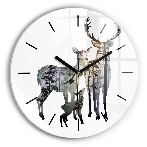Round glass clock Deer family
