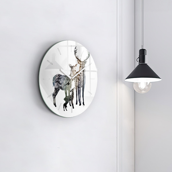 Round glass clock Deer family