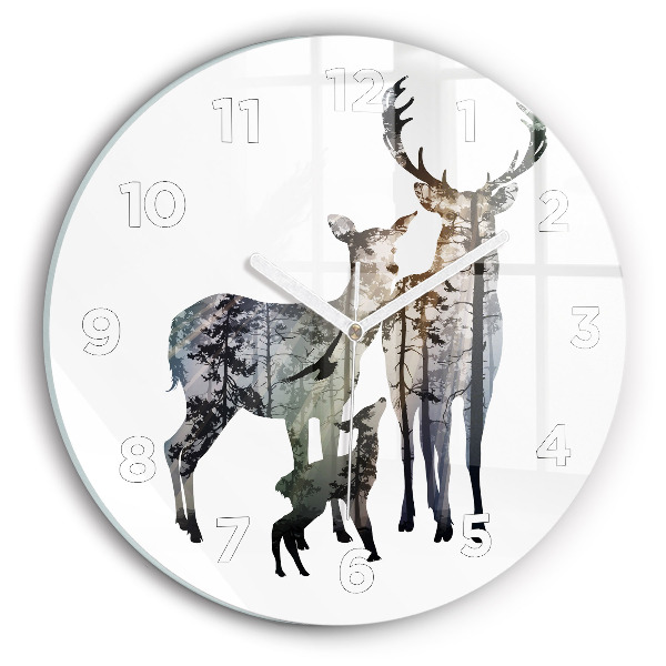 Round glass clock Deer family