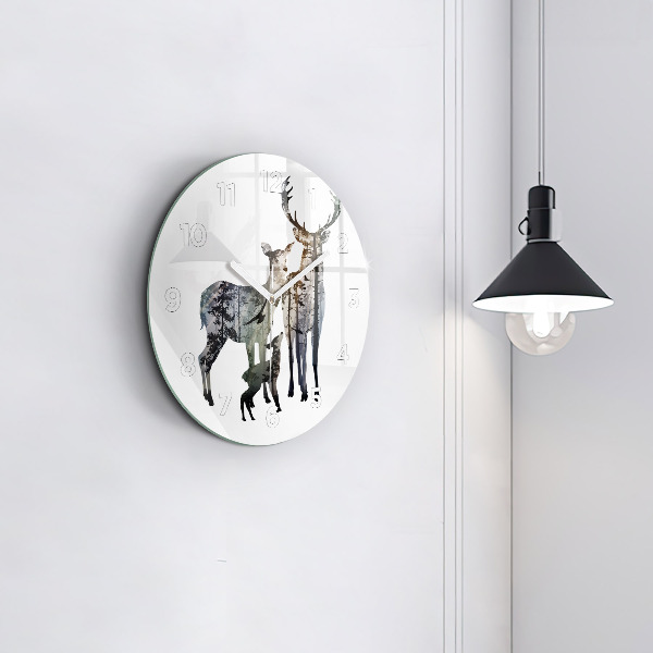Round glass clock Deer family