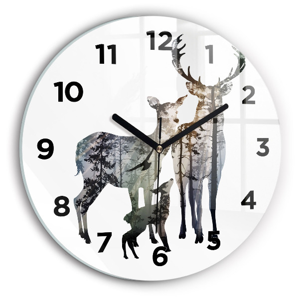 Round glass clock Deer family