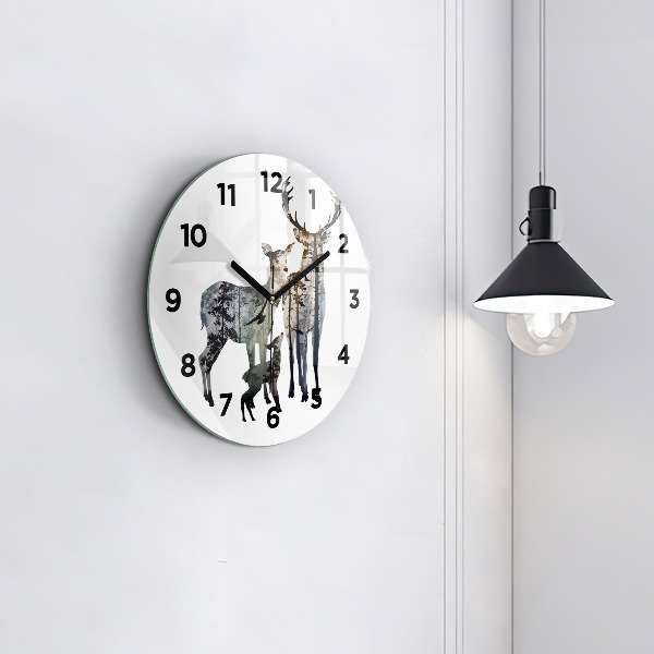 Round glass clock Deer family
