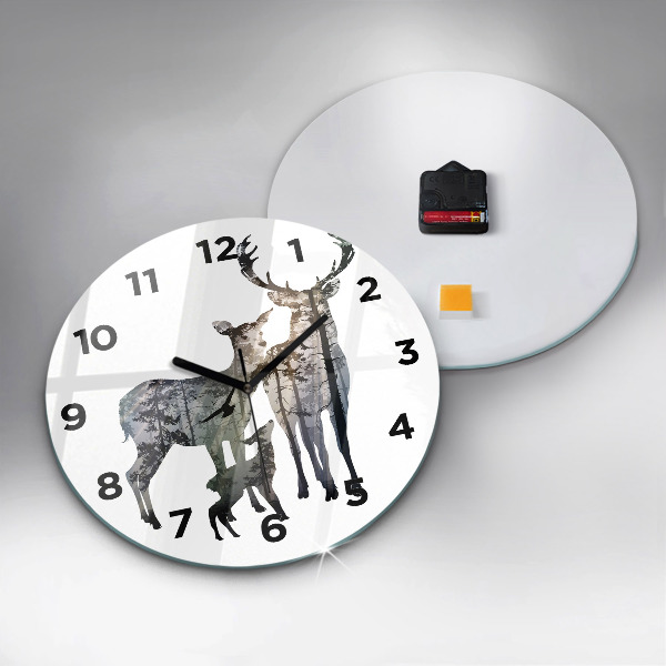 Round glass clock Deer family