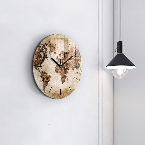 Round glass clock Vintage world map