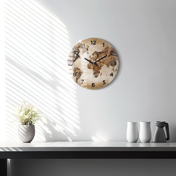 Round glass clock Vintage world map