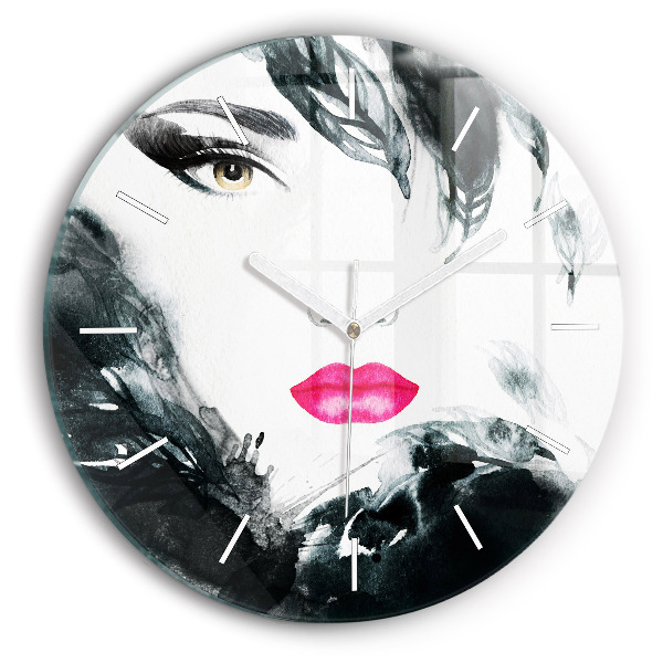 Round glass clock Portrait of a woman red lips