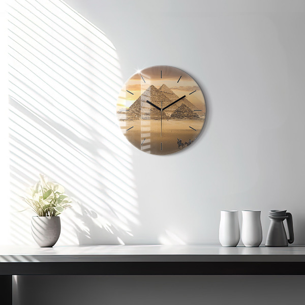 Round glass clock Pyramids and sunset