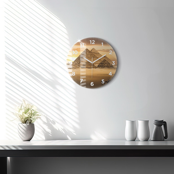 Round glass clock Pyramids and sunset