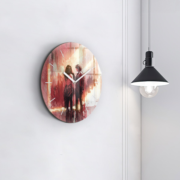 Round glass clock Young couple in love