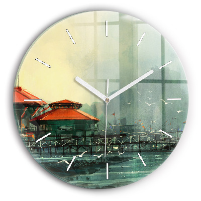 Round glass clock Fishing village