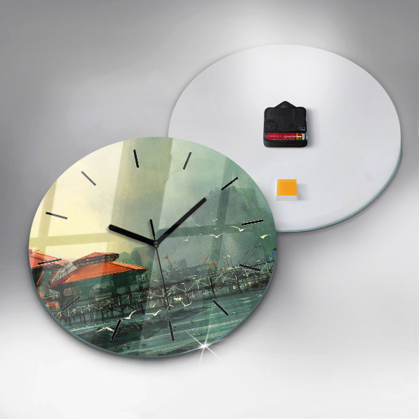 Round glass clock Fishing village