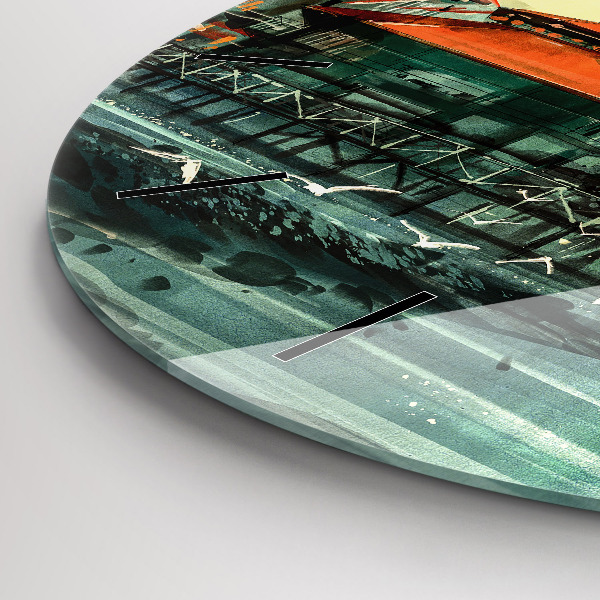 Round glass clock Fishing village