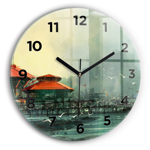 Round glass clock Fishing village