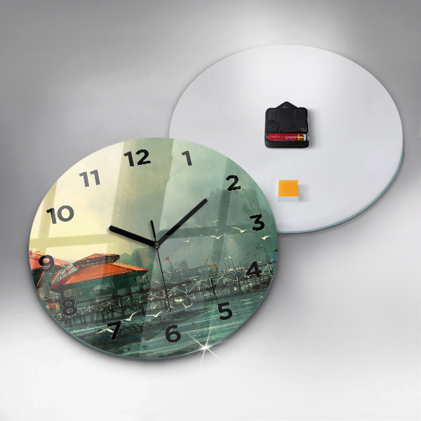 Round glass clock Fishing village
