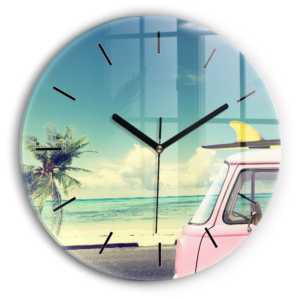 Round glass clock Car with surfboard