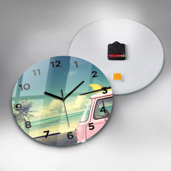 Round glass clock Car with surfboard