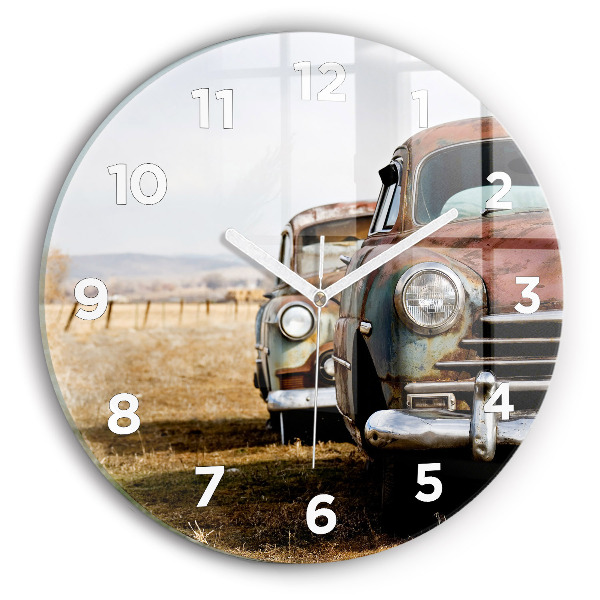 Round glass clock Old cars