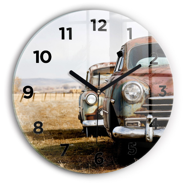 Round glass clock Old cars