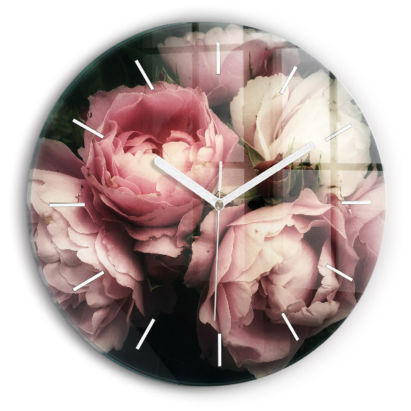 Round glass clock Bouquet of pink roses