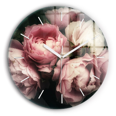 Round glass clock Bouquet of pink roses