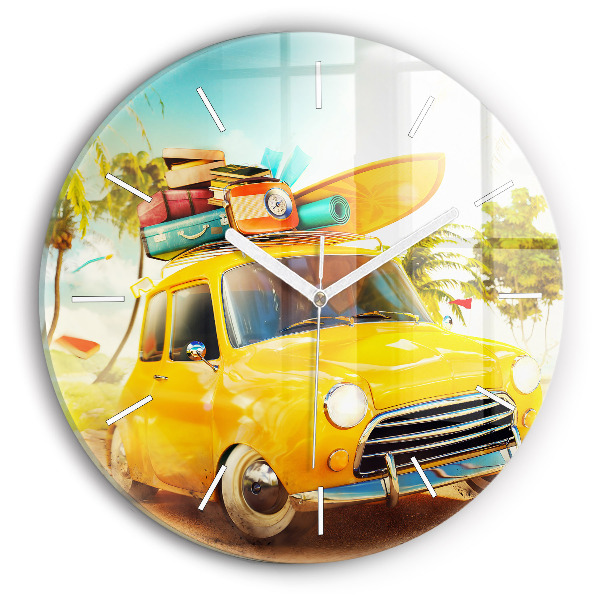 Round glass clock Car with surfboard