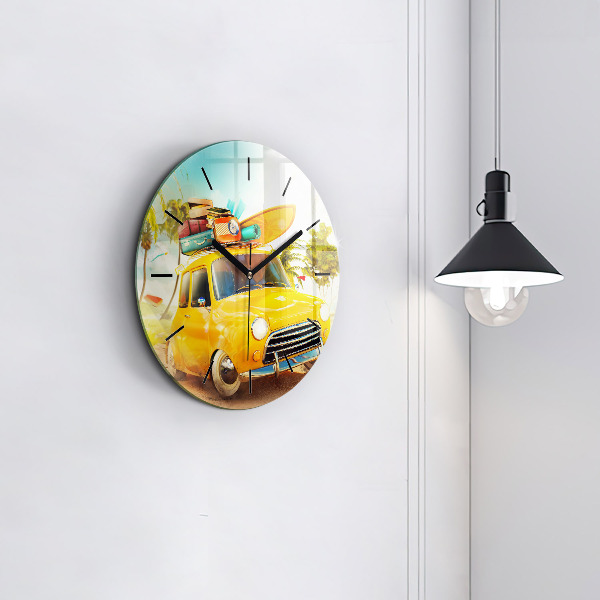Round glass clock Car with surfboard