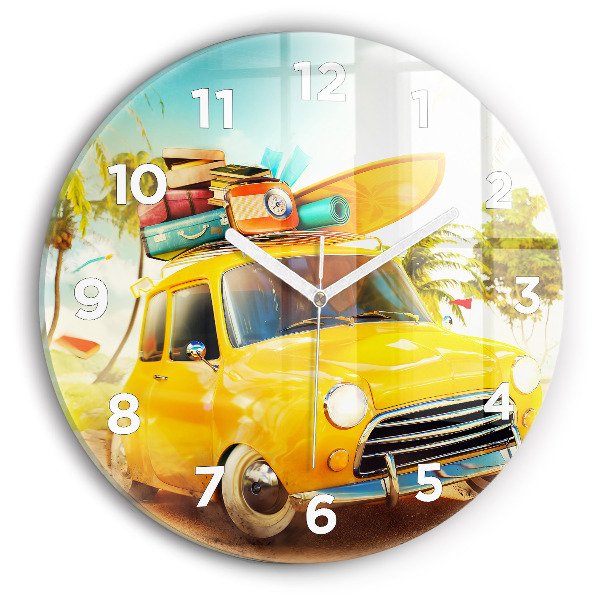 Round glass clock Car with surfboard