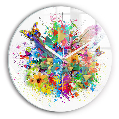 Round glass clock Floral harmony with butterflies