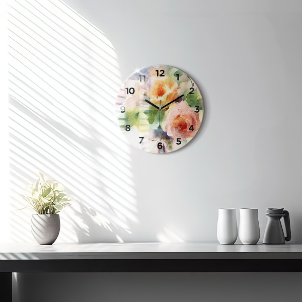 Round glass clock Roses in a Vase Watercolor