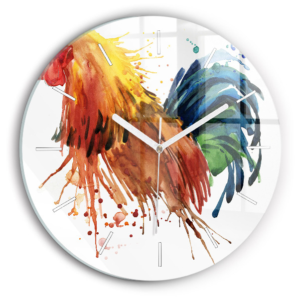 Round glass clock Colorful rooster