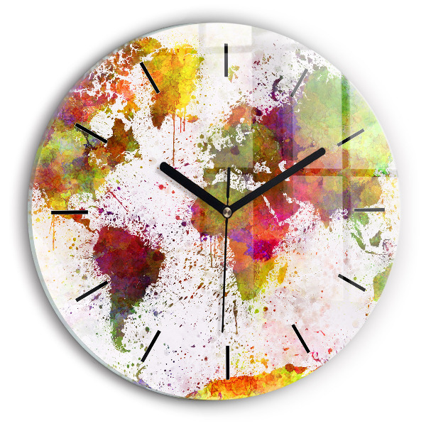 Round glass clock Watercolor map of the world