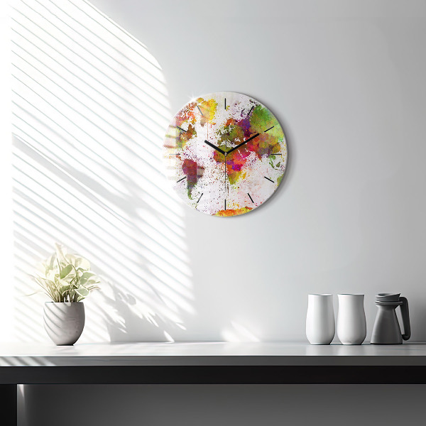 Round glass clock Watercolor map of the world