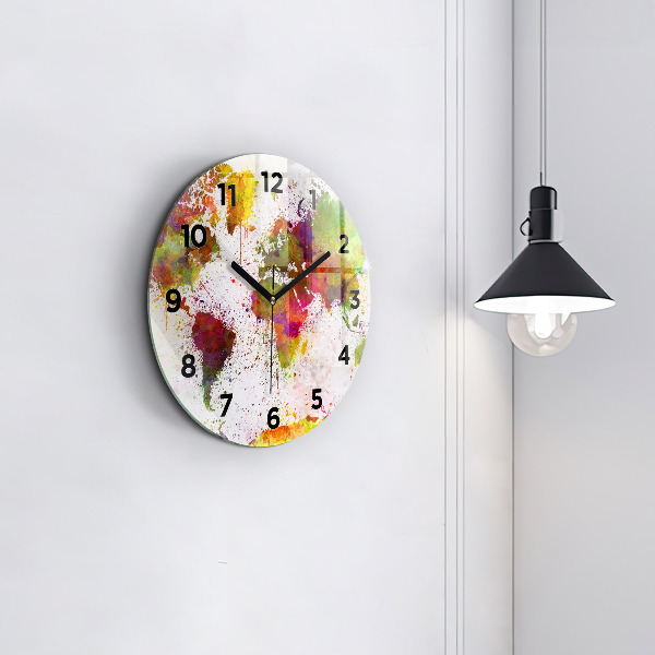 Round glass clock Watercolor map of the world