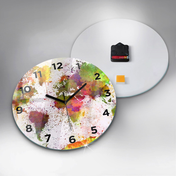 Round glass clock Watercolor map of the world