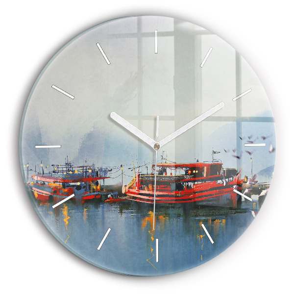 Round glass clock Fishing boat in port