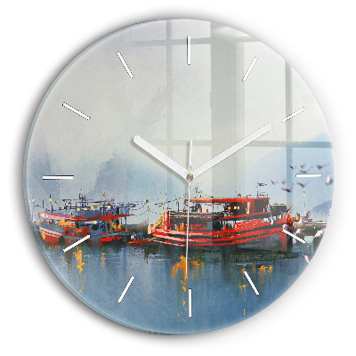 Round glass clock Fishing boat in port