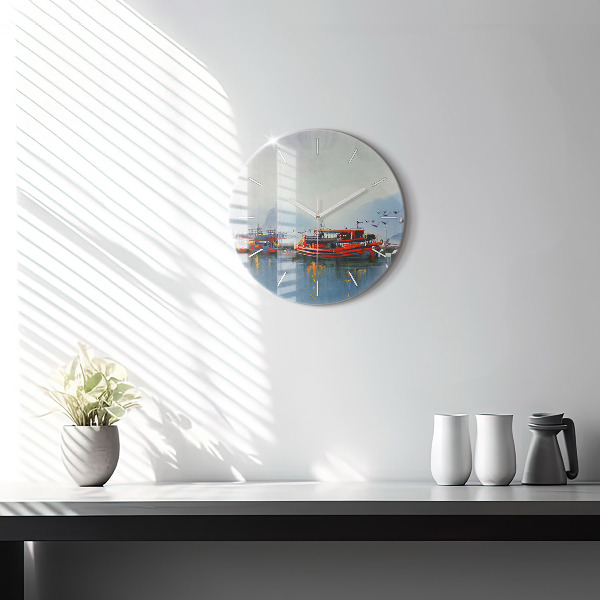 Round glass clock Fishing boat in port