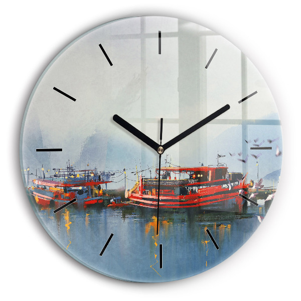 Round glass clock Fishing boat in port