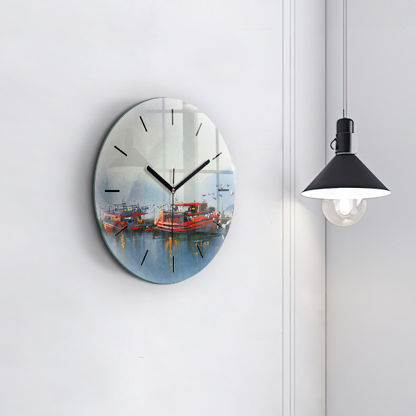 Round glass clock Fishing boat in port