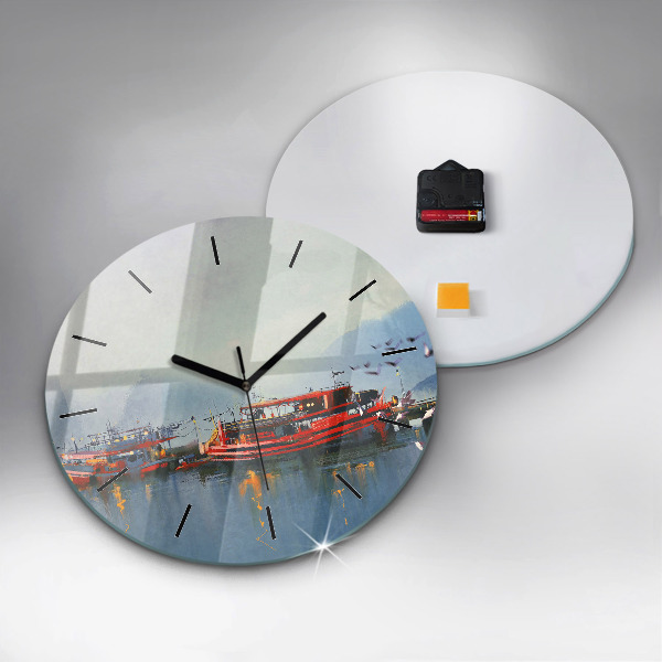 Round glass clock Fishing boat in port