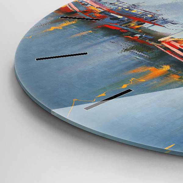 Round glass clock Fishing boat in port