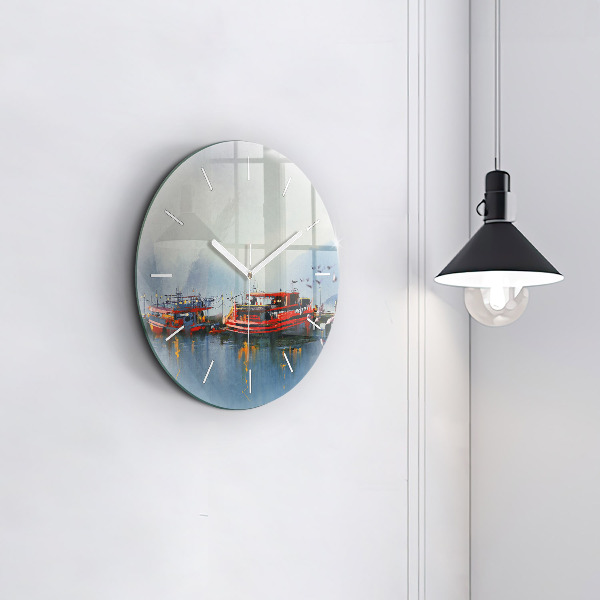 Round glass clock Fishing boat in port