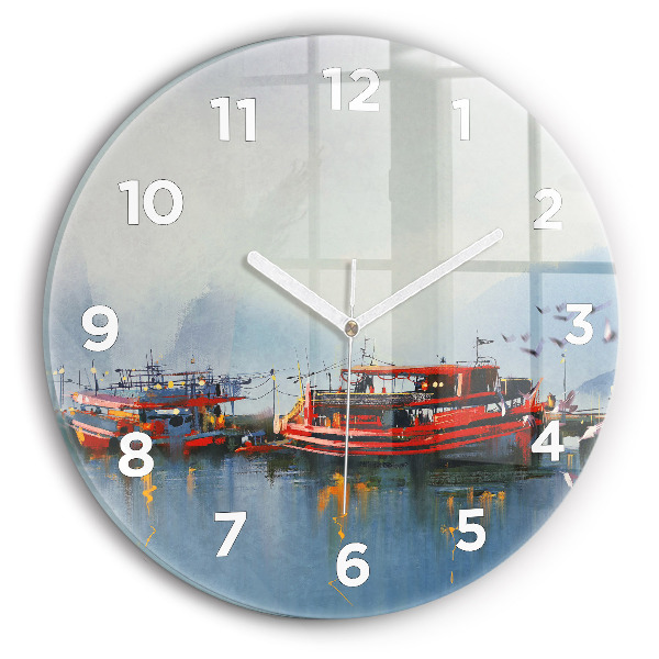 Round glass clock Fishing boat in port
