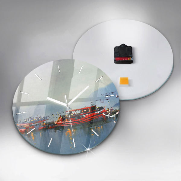 Round glass clock Fishing boat in port