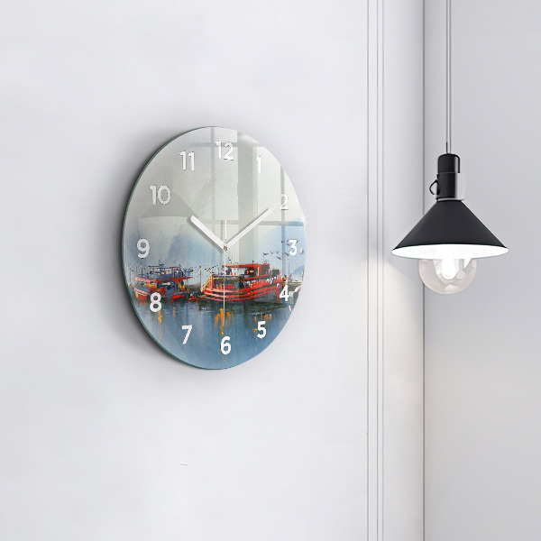 Round glass clock Fishing boat in port