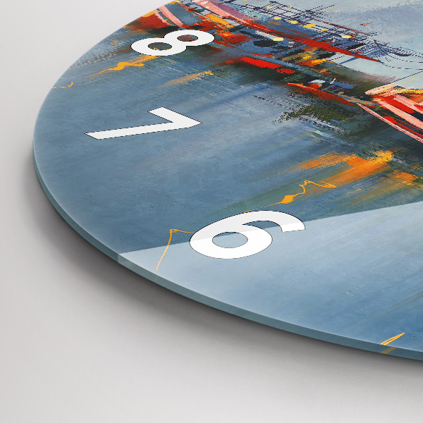 Round glass clock Fishing boat in port