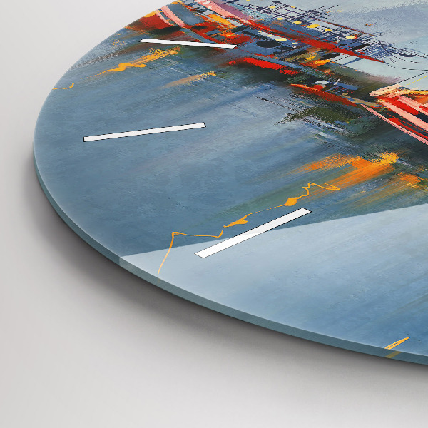 Round glass clock Fishing boat in port