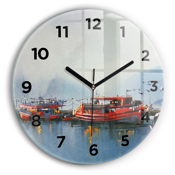 Round glass clock Fishing boat in port