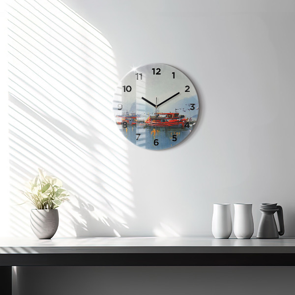 Round glass clock Fishing boat in port