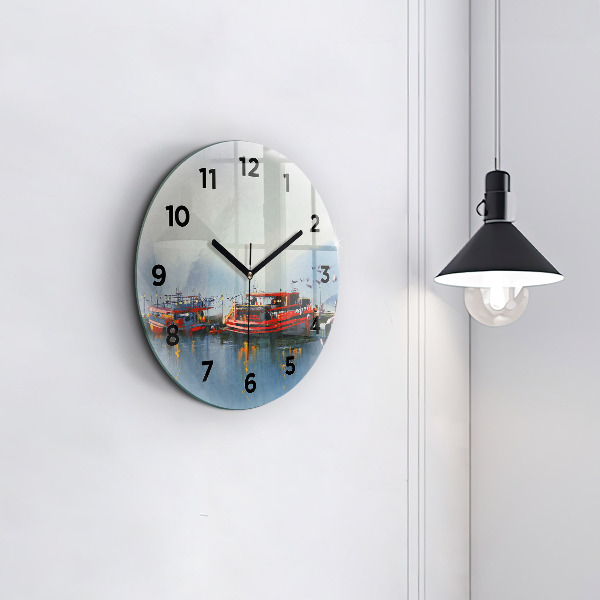 Round glass clock Fishing boat in port
